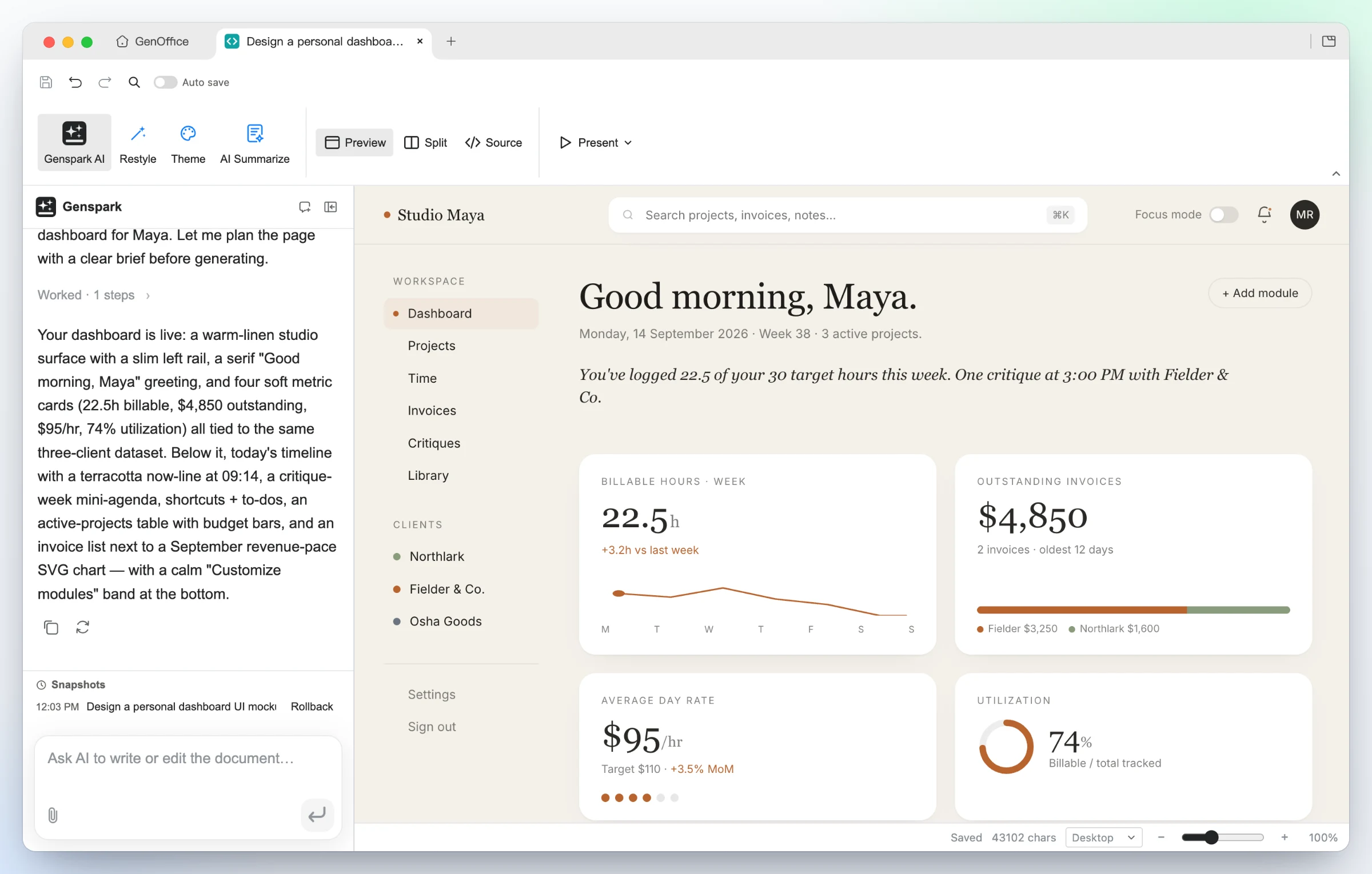 GenOffice HTML: a generated personal dashboard UI for a freelance designer in a warm linen style, with a left rail, serif greeting and four metric cards