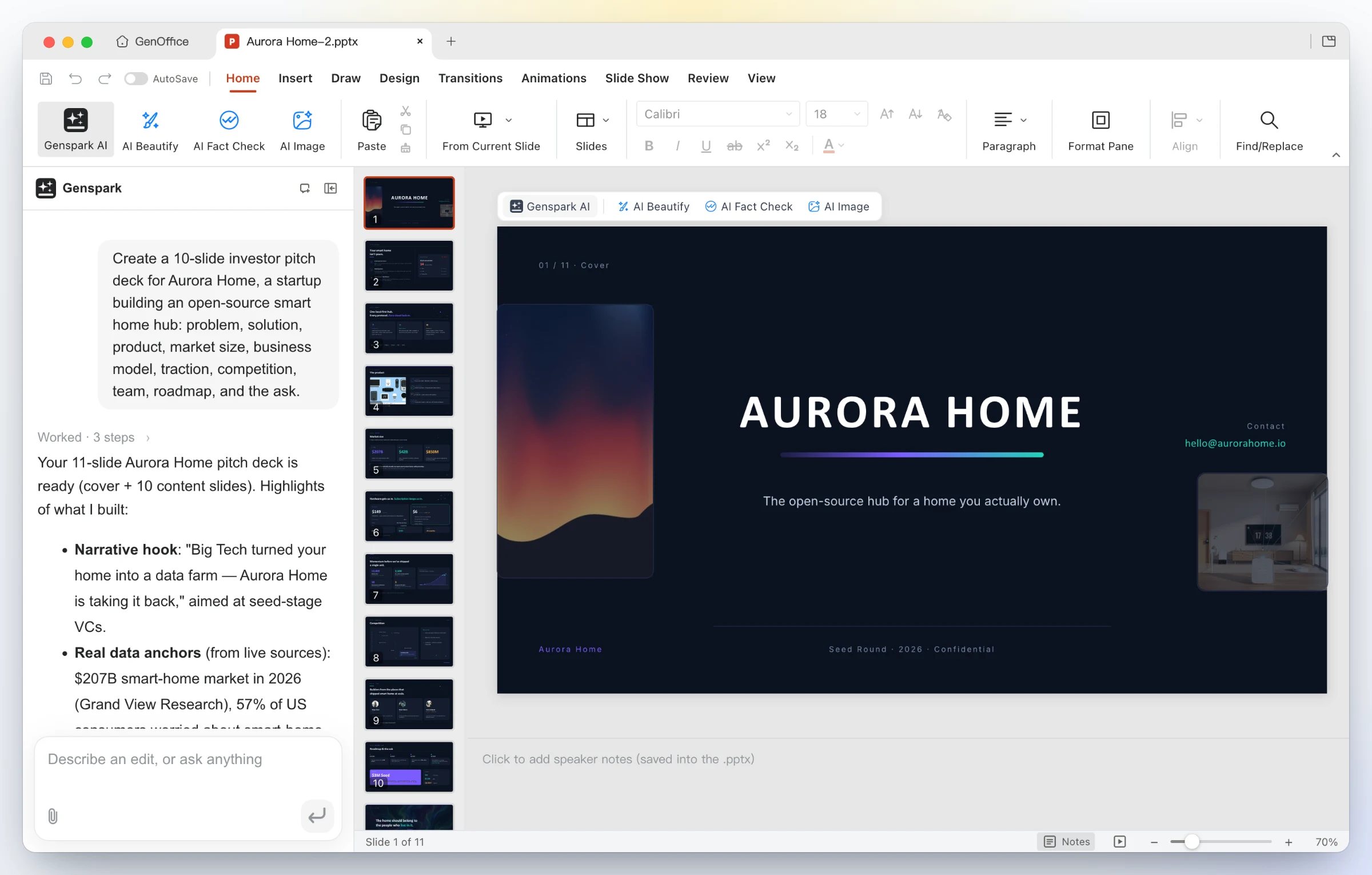 GenOffice Slides: the cover slide of an AI-generated Aurora Home investor deck on the canvas, with the original one-line prompt and the AI's summary of what it built in the panel
