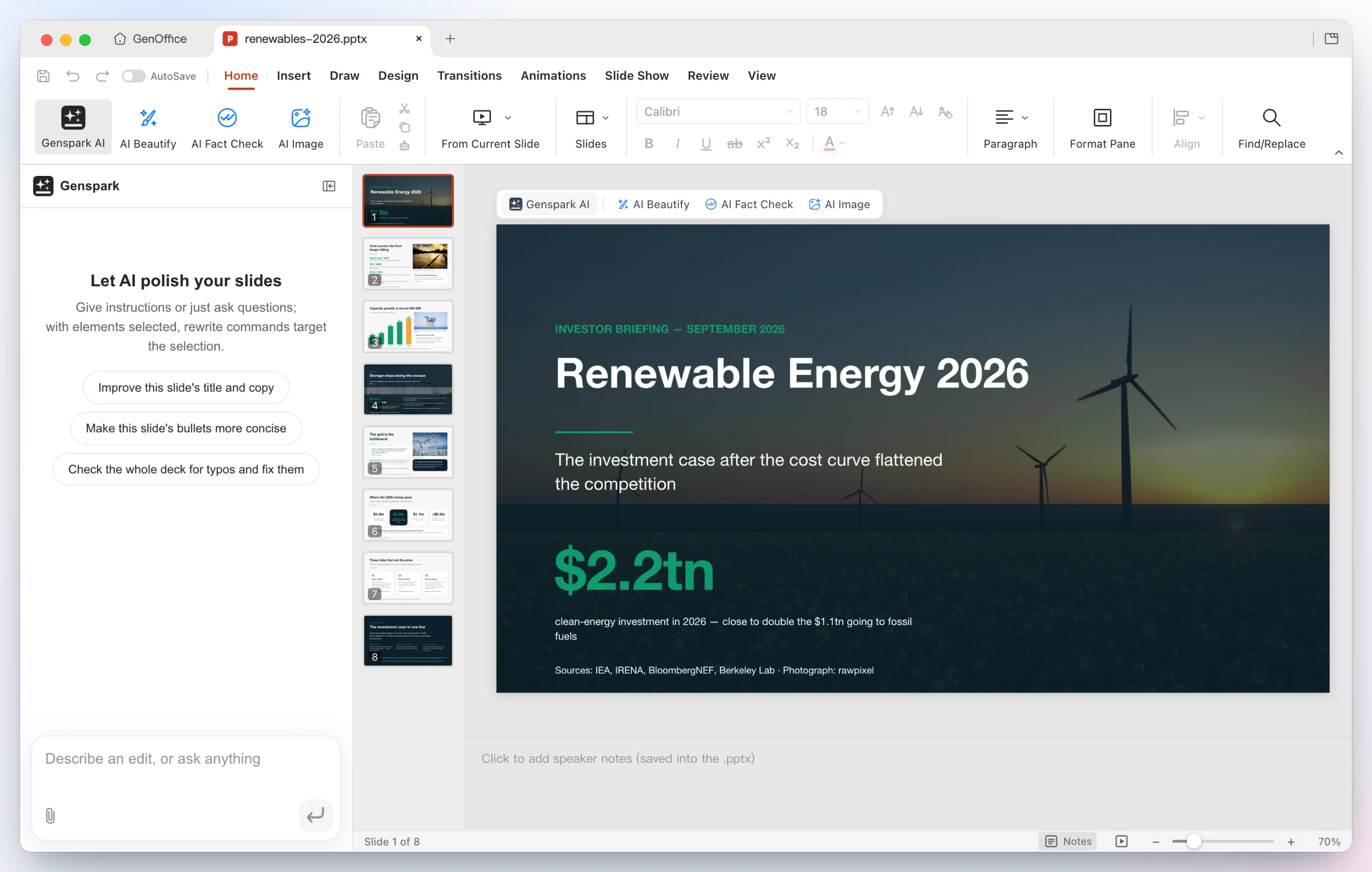 GenOffice Slides pokazuje ośmioslajdową prezentację Renewable Energy 2026, którą Claude Code zbudował przez serwer MCP genoffice: slajd tytułowy ze zdjęciem farmy wiatrowej na płótnie i osiem miniatur po lewej