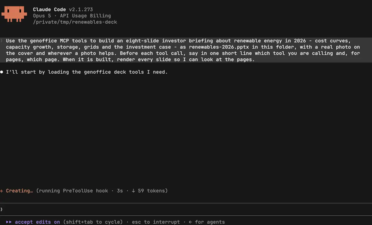 Poklatkowe nagranie Claude Code budującego ośmioslajdową prezentację inwestorską o energii odnawialnej przez serwer MCP genoffice: szuka ilustracji i zdjęć, sprawdza każde kandydujące zdjęcie za pomocą media, deck_start zapisuje arkusz stylów i konspekt, deck_page dodaje po jednej sprawdzonej stronie naraz, deck_build składa plik .pptx, a slides_render zwraca obraz każdego slajdu; gotowa prezentacja otwiera się potem w GenOffice Slides
