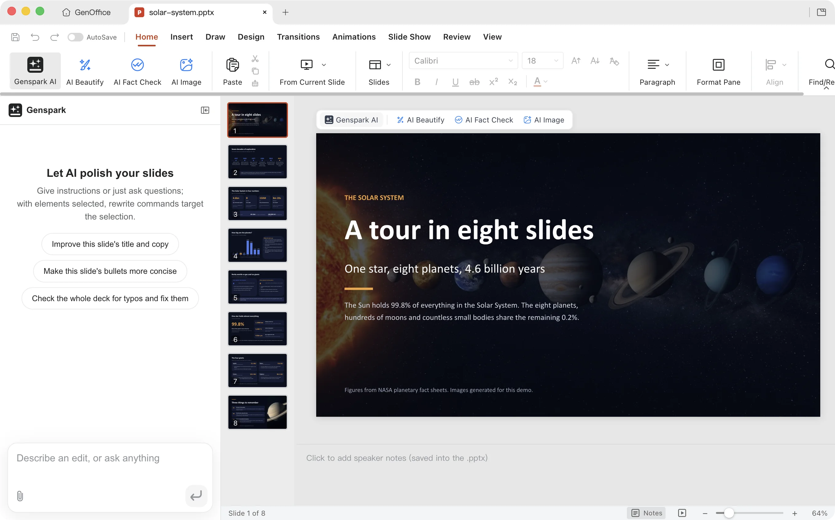 GenOffice Slides showing an eight-slide Solar System deck that a coding agent built through the genoffice command line: the cover slide on the canvas, eight thumbnails on the left and the AI panel open