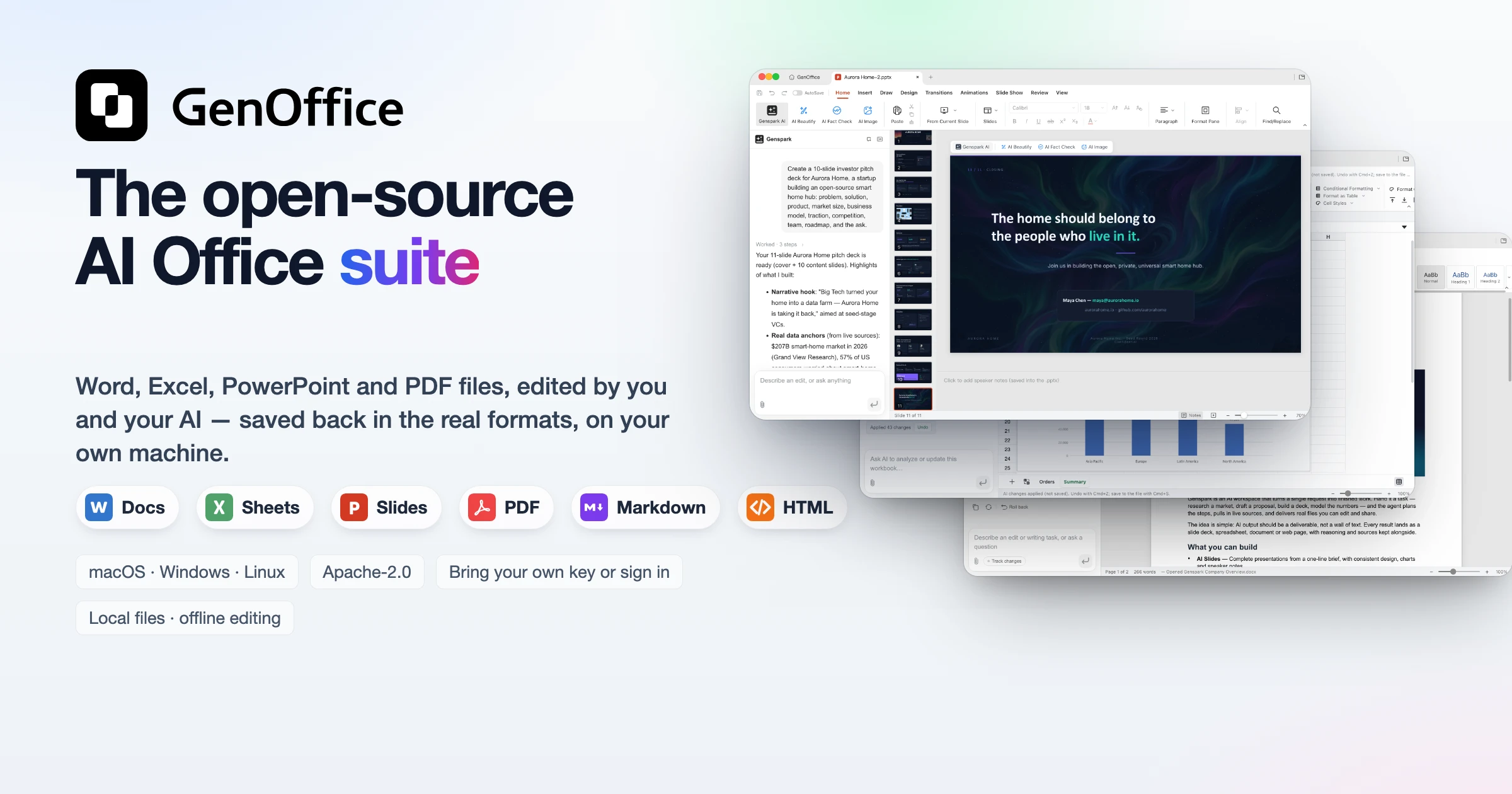 GenOffice — the open-source AI Office suite: Docs, Sheets, Slides, PDF, Markdown and HTML with a built-in AI panel