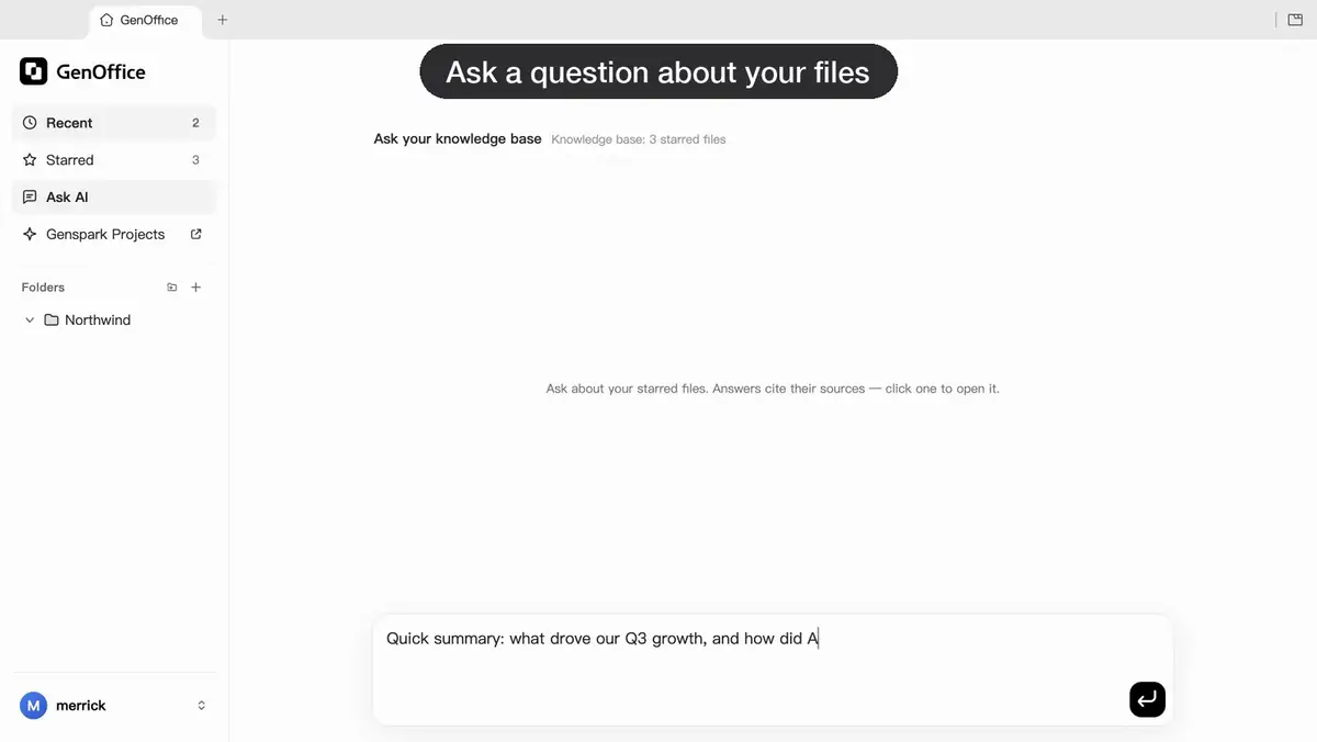 Screen recording of GenOffice Ask AI: the question quick summary, what drove our Q3 growth and how did Asia-Pacific perform, is typed on the home screen; the agent reads two starred files and answers with the Aurora X1 launch and the Asia-Pacific expansion, each claim followed by a citation chip naming the quarterly report or the regional sales workbook; a click on the workbook chip opens it in Sheets with the Asia-Pacific row highlighted