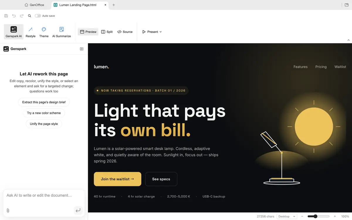 Time-lapse of GenOffice HTML restyling the Lumen landing page: one Restyle request in the panel turns the dark Midnight Studio page into the warm Solar Daybreak version while every section and all copy stay in place