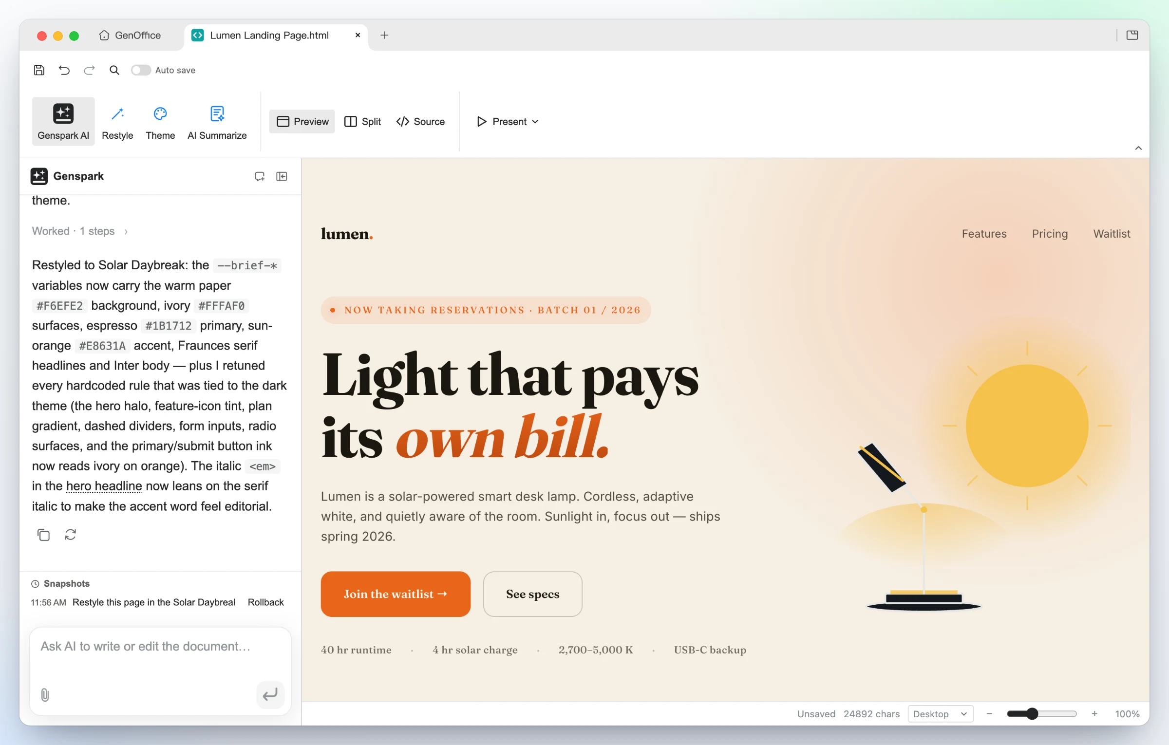 The same Lumen landing page restyled by the AI into the warm Solar Daybreak direction: paper background, serif headlines and an orange accent, with every section and all copy kept