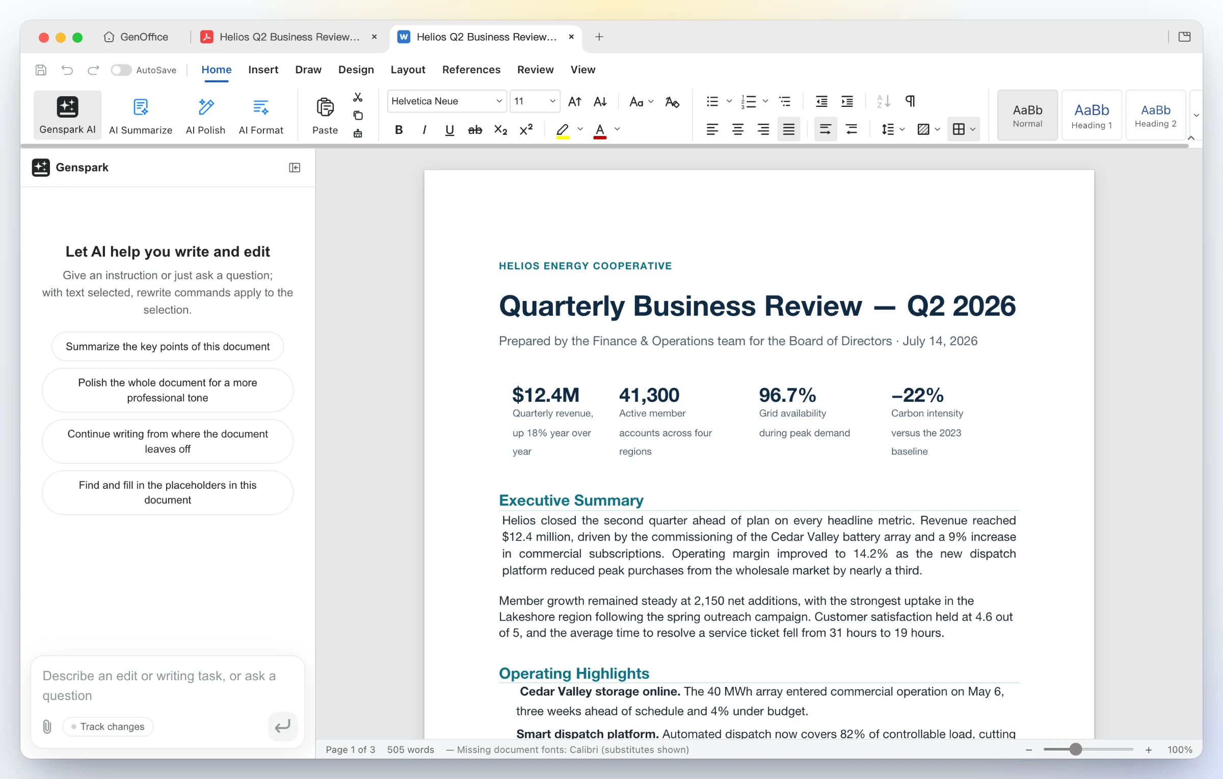 GenOffice Docs showing a Word document converted locally from the Helios quarterly review PDF, opened in a second tab beside the original PDF