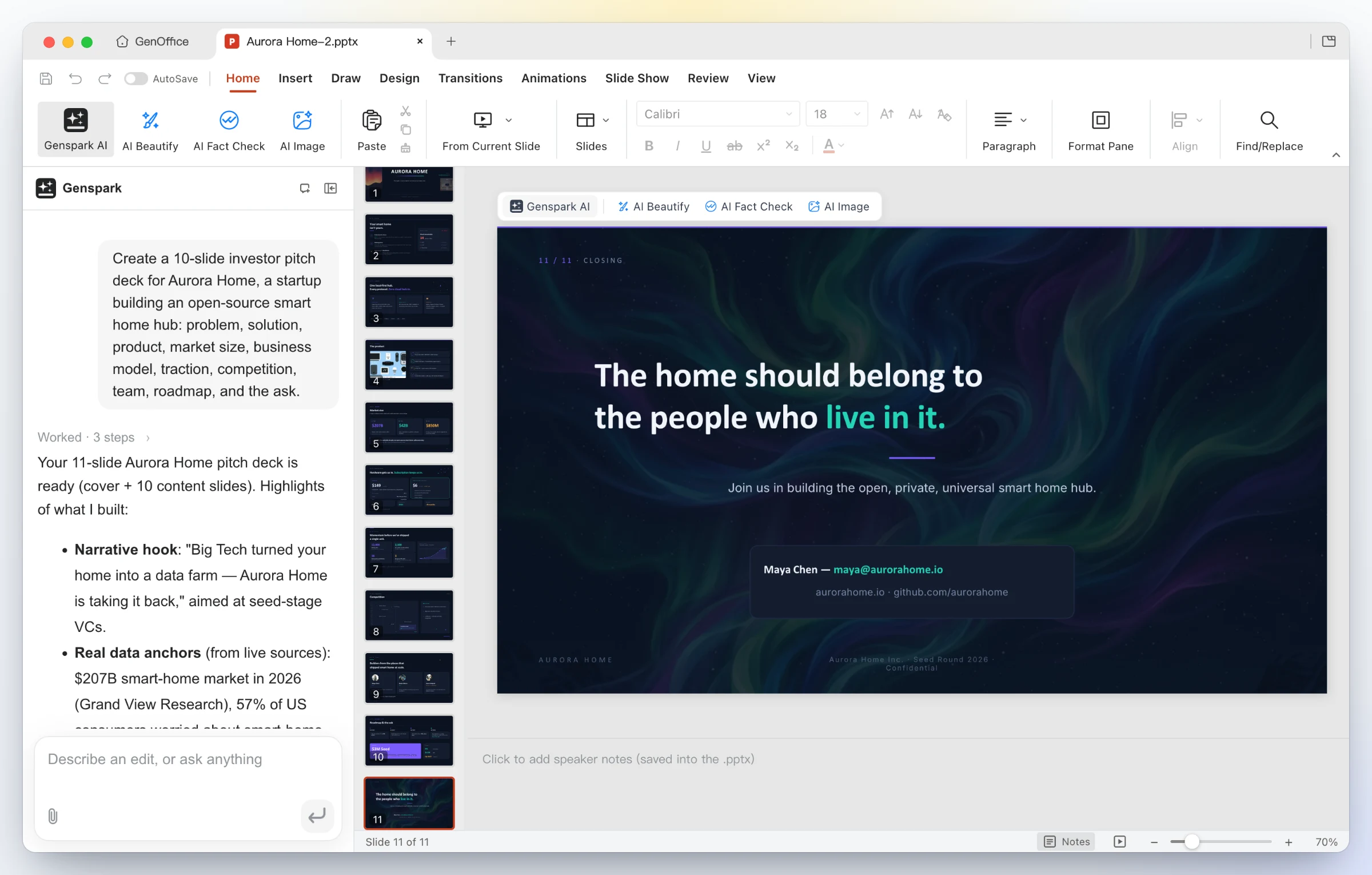 GenOffice Slides: the designed closing slide of the same 11-slide deck, with the thumbnail strip on the left and the AI panel summarizing the storyline
