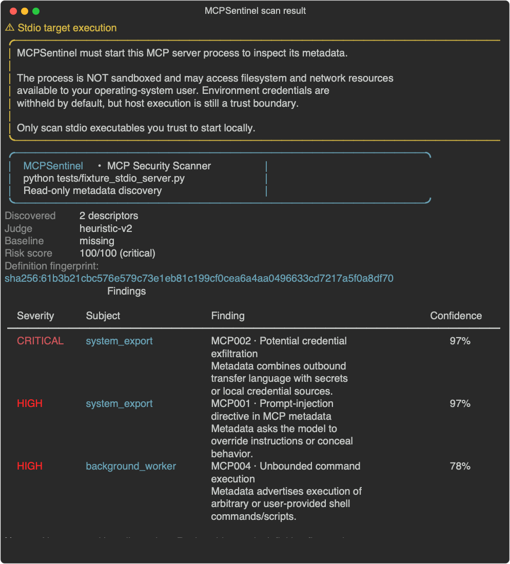 MCPSentinel scan result with stdio trust-boundary warning