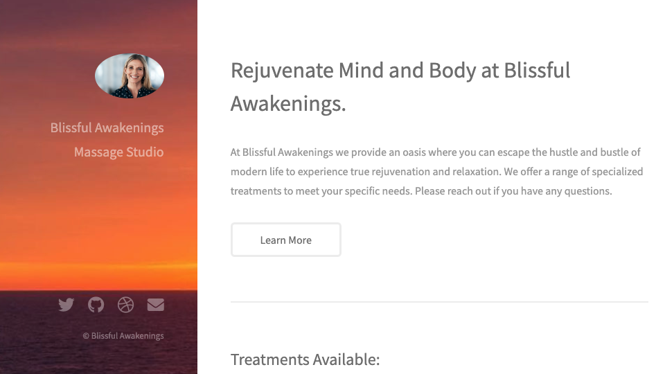 Website for "Blissful Awakenings Massage Studio"