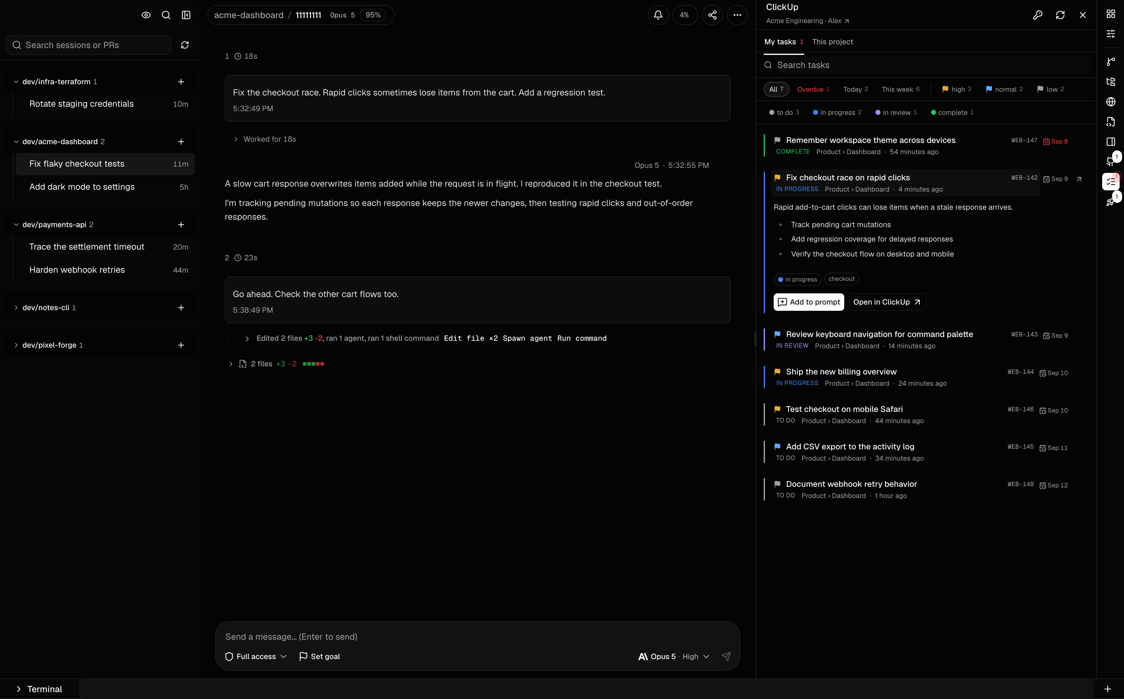 Cogpit ClickUp panel showing task priorities, due dates, and an expanded checkout task with Add to prompt