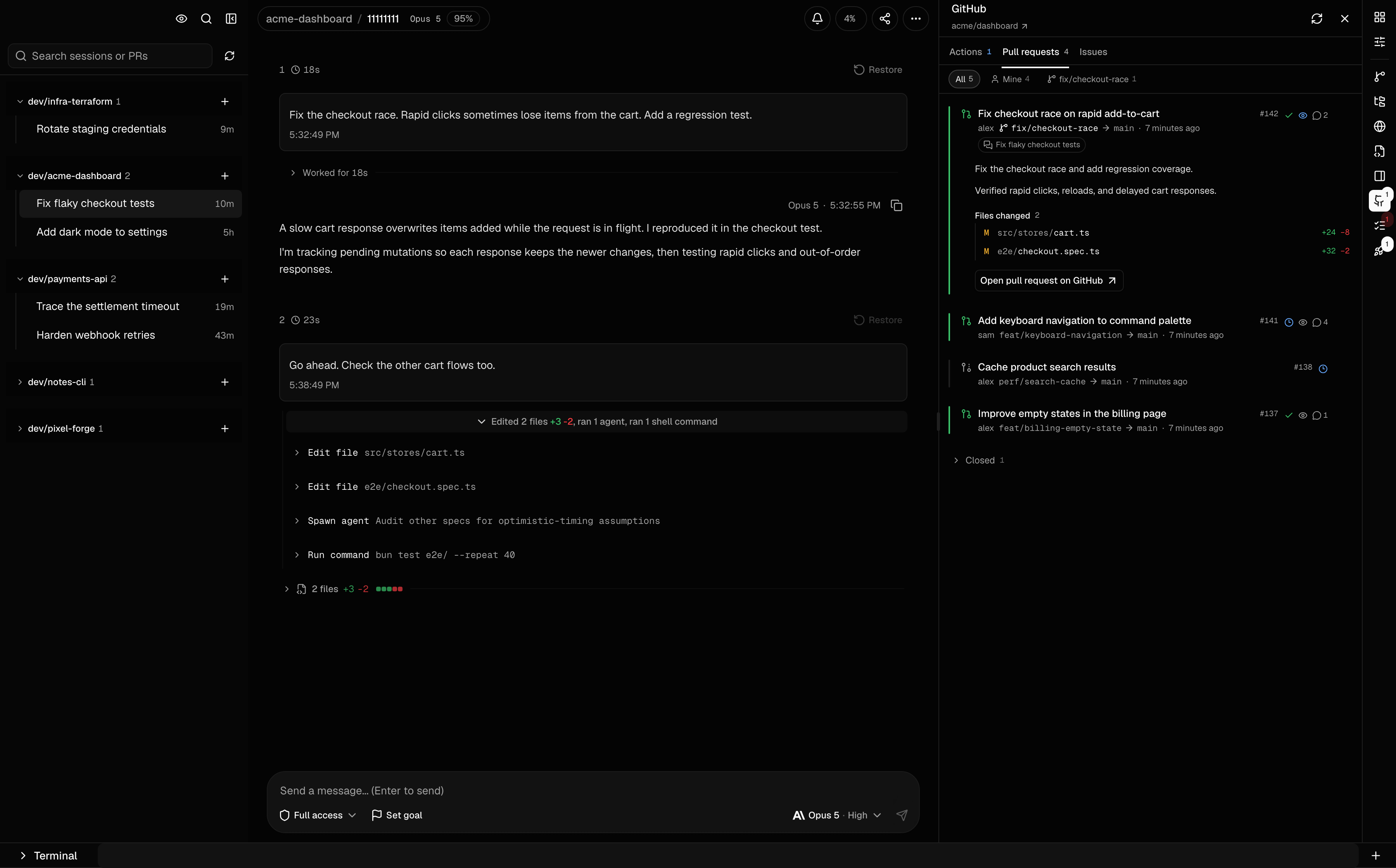 Cogpit GitHub panel with an expanded pull request, changed files, review status, and a linked agent session