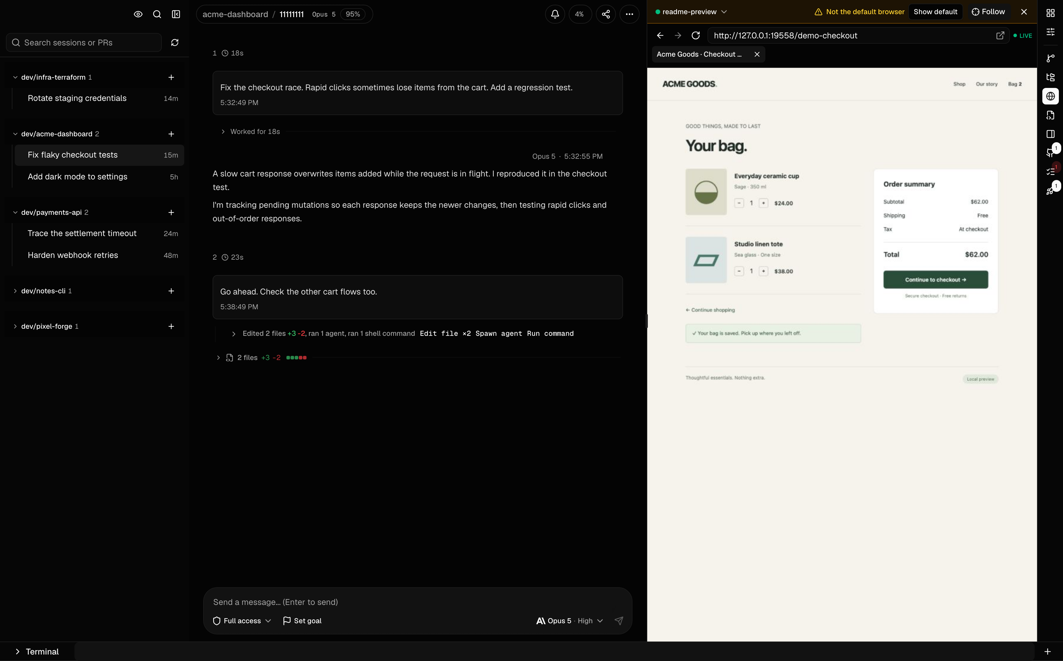 Cogpit showing an agent session beside a live checkout preview in the shared Browser panel