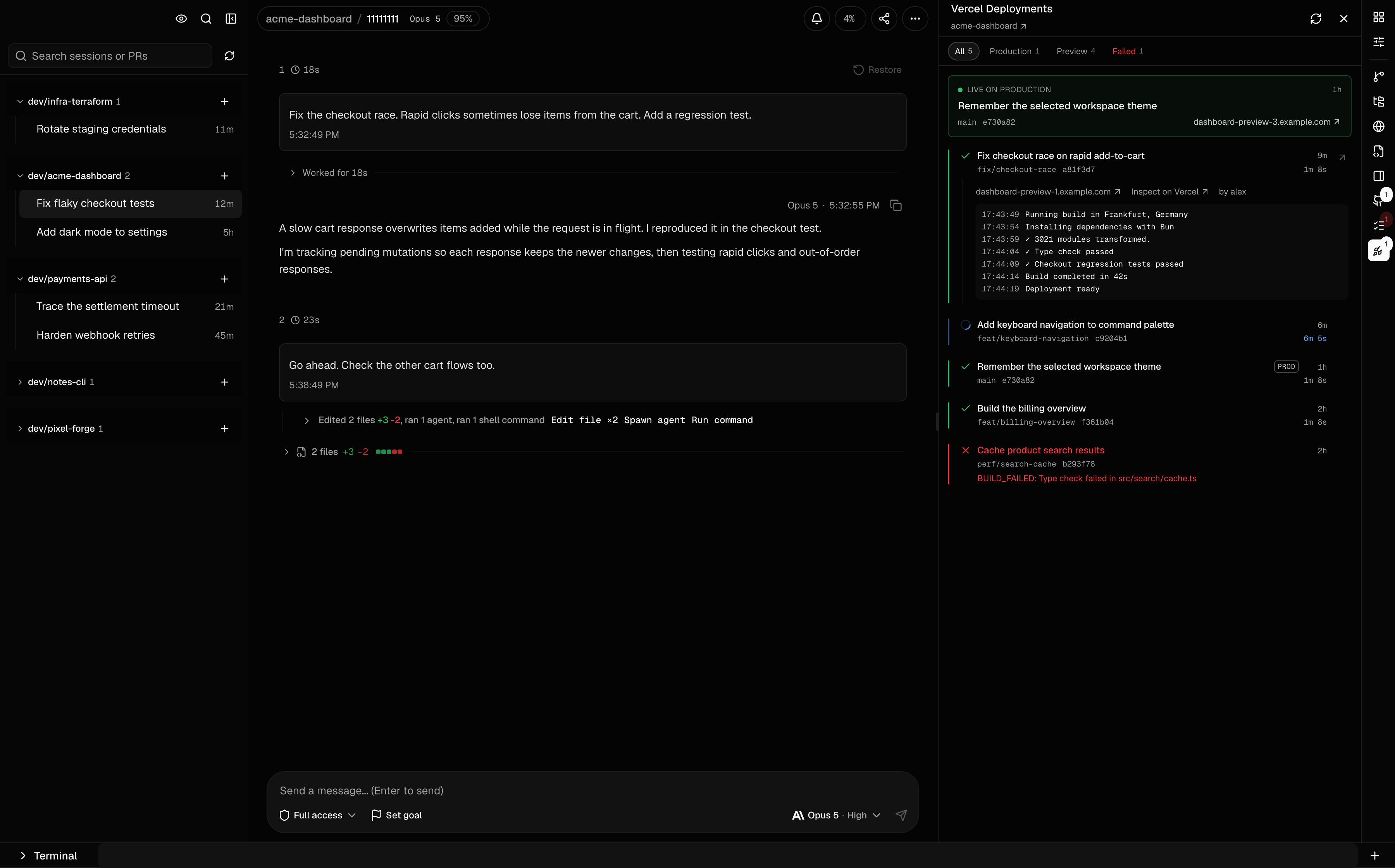 Cogpit Vercel panel showing production status, preview deployments, and expanded build logs