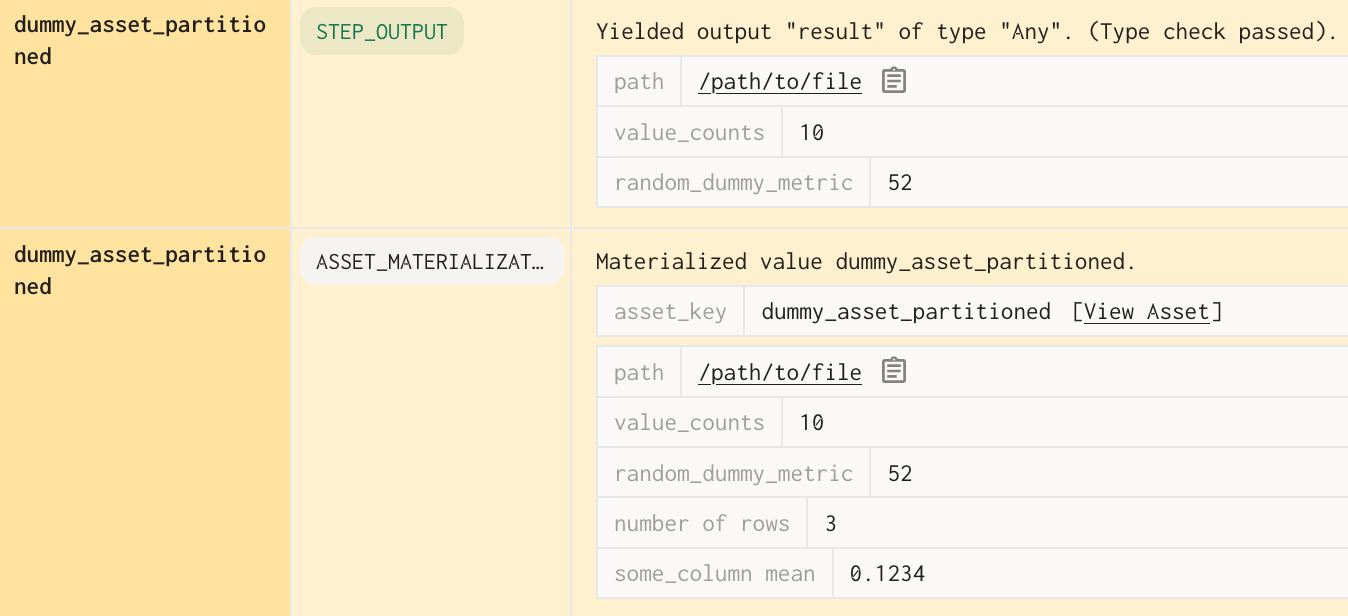 notice how the asset can track metadata for an materialization