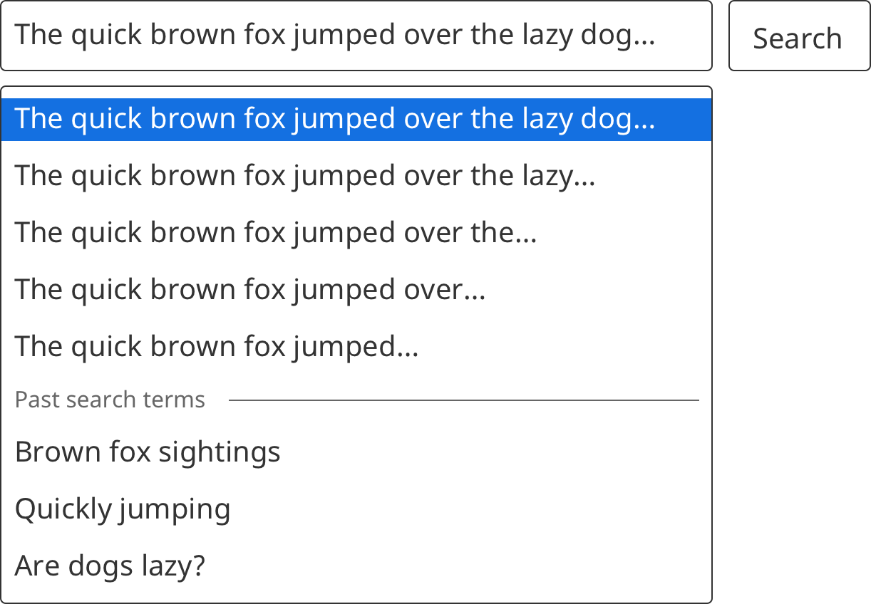 A search bar component, with input text and a results dropdown with a possible search term highlighted