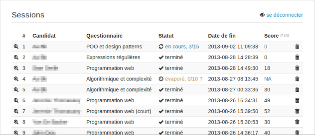 Liste des sessions