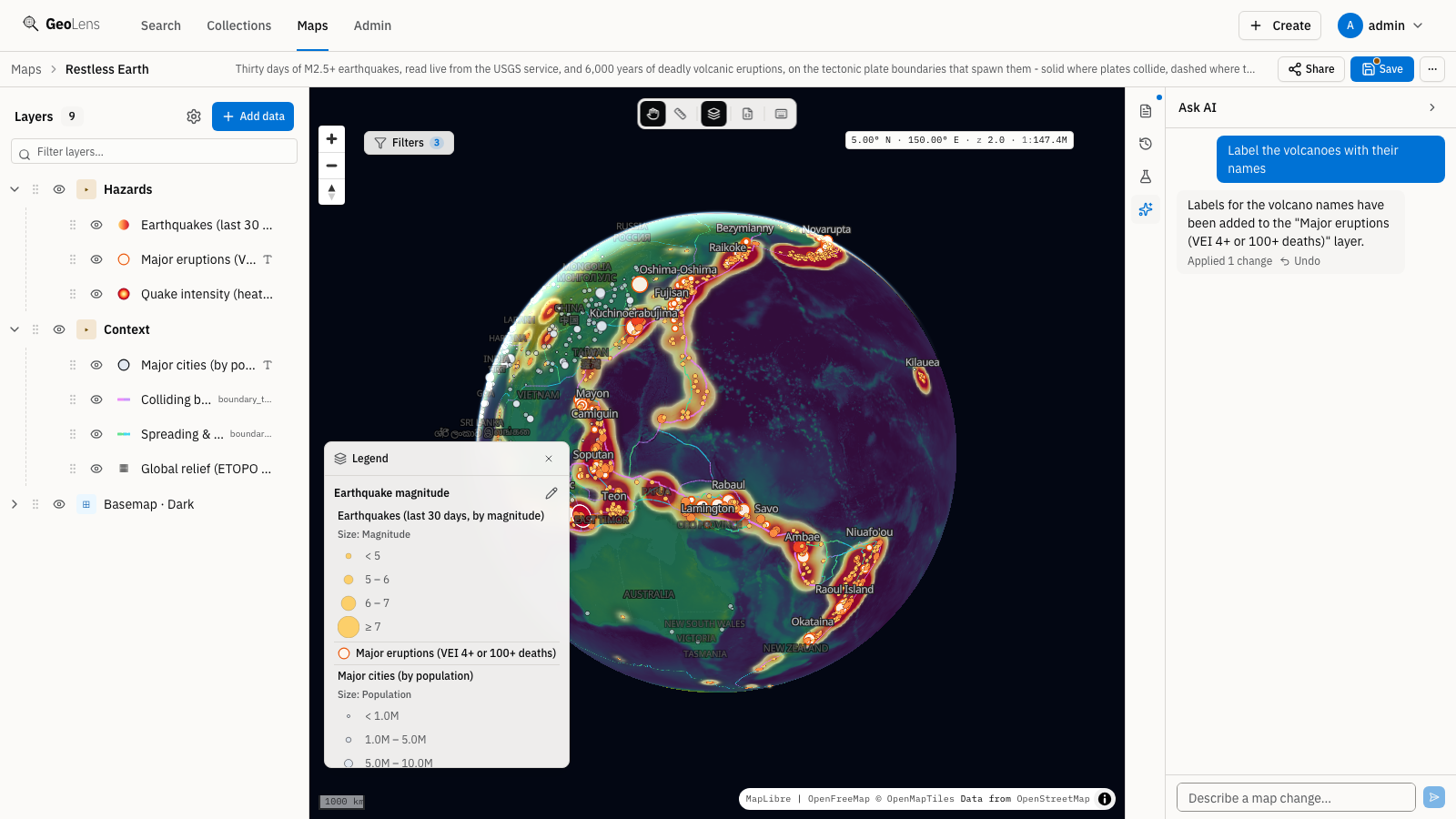 GeoLens Ask AI panel adding volcano-name labels to the Restless Earth map from the natural-language request 'Label the volcanoes with their names'