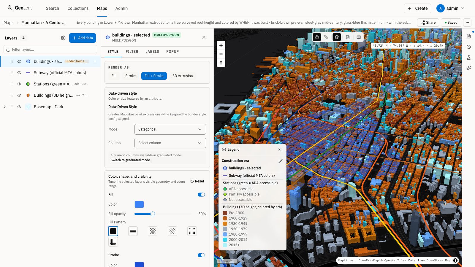 GeoLens map builder with Manhattan building footprints extruded into a 3D skyline, colored by construction era, with the subway and the drag-orderable layer stack beside the map
