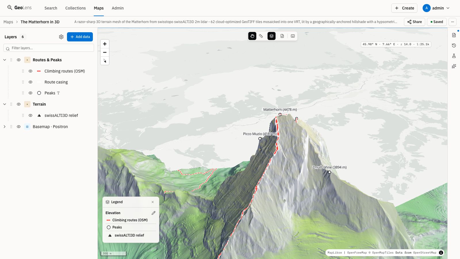 GeoLens map builder rendering the Matterhorn as a 3D terrain mesh from swissALTI3D lidar, with labeled peaks, climbing routes, the drag-orderable layer stack, and a legend