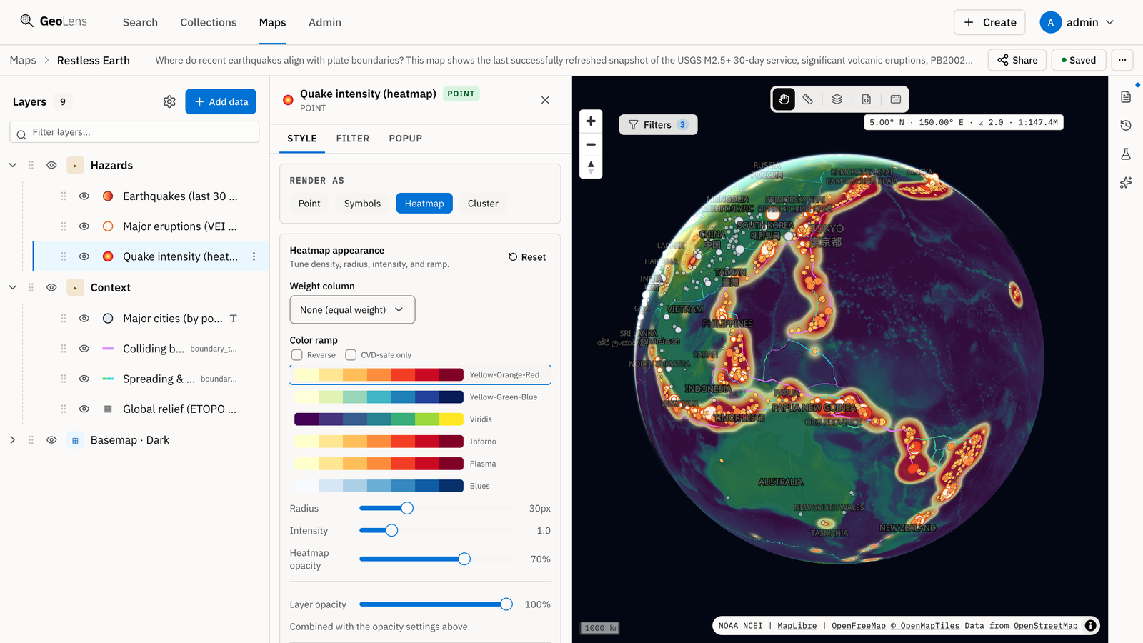 The map builder with the Restless Earth map on a globe: an earthquake heatmap along the Pacific plate boundaries, the grouped layer list and the heatmap style panel with its color ramps