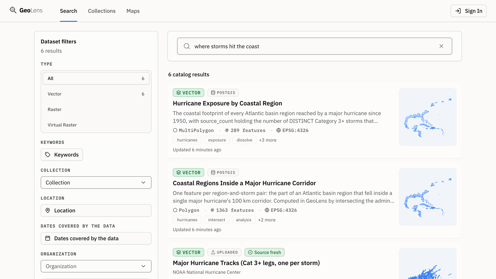 GeoLens catalog search for 'where storms hit the coast', signed out, listing hurricane and coastal datasets with type, source and freshness badges beside the dataset filters