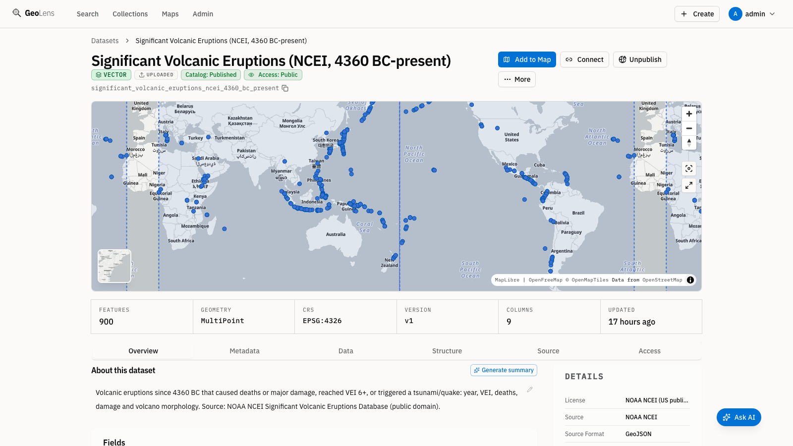 GeoLens dataset detail for Significant Volcanic Eruptions: a global map preview of 900 eruption sites along plate boundaries above schema stats and typed metadata