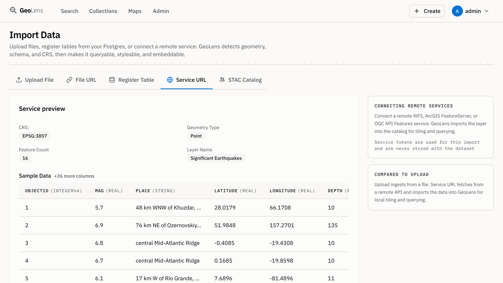 The Import Data page's Service URL tab previewing the USGS Significant Earthquakes ArcGIS layer: CRS, geometry type, feature count, layer name and sample rows