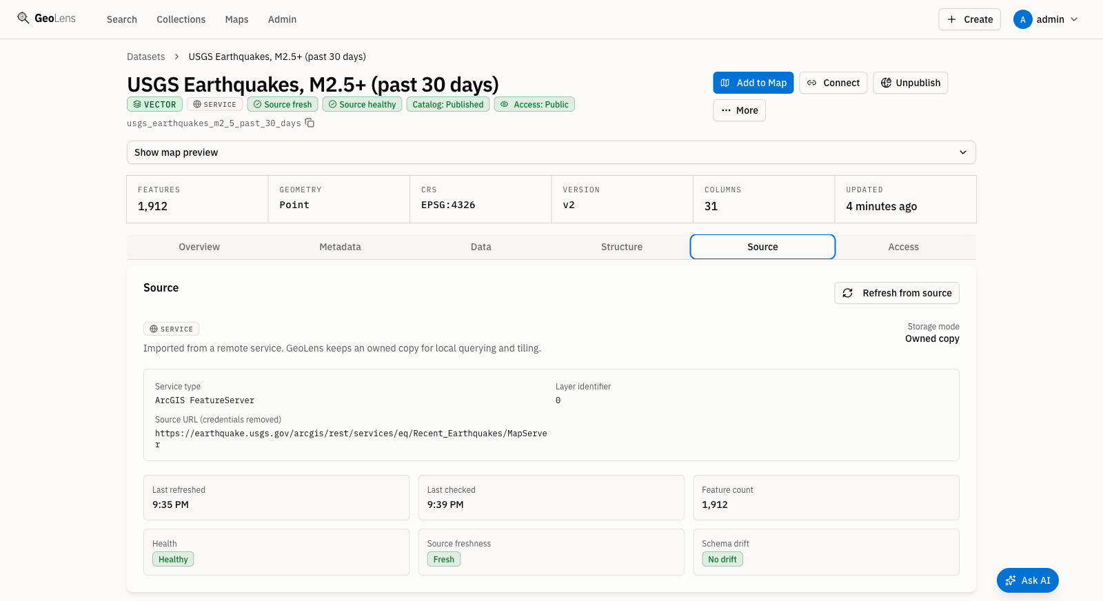 The Source tab of the USGS Earthquakes dataset: imported from the USGS ArcGIS service into an owned copy, with last refreshed and last checked times, the feature count, and Healthy, Fresh and No drift badges
