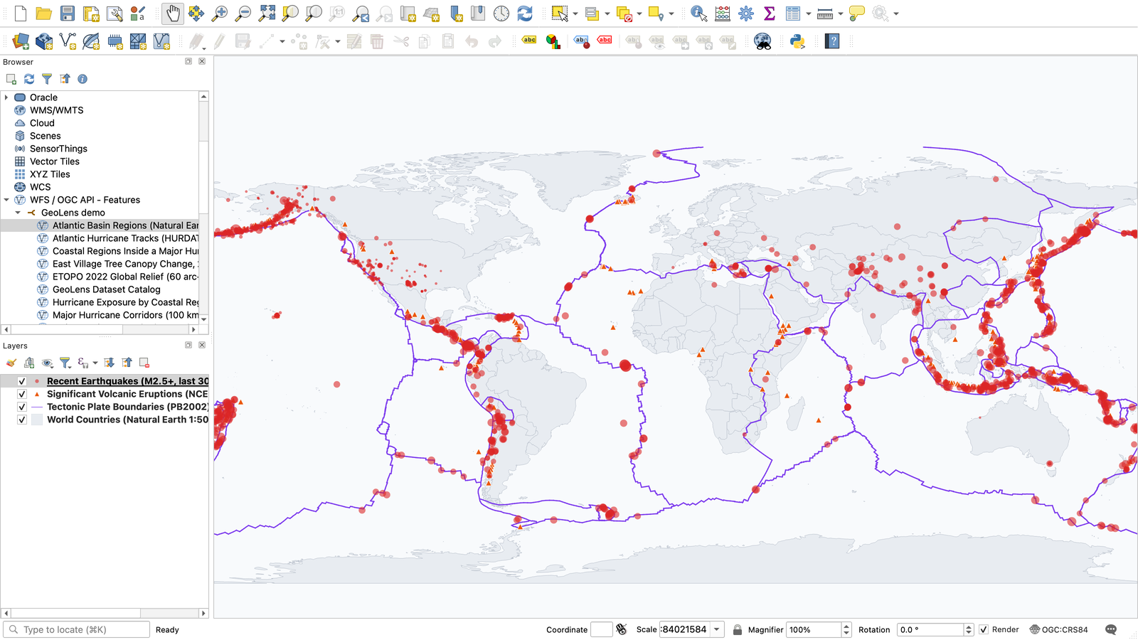QGIS 4 with the GeoLens demo added as an OGC API Features connection: the Browser panel lists the demo's collections, and recent earthquakes, significant volcanic eruptions, plate boundaries and countries from the demo are loaded as layers on a world map