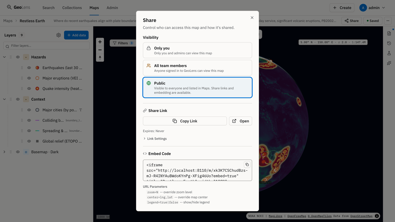 The Share dialog for a map: visibility set to Public, with Only you and All team members as the other options, a share link and an iframe embed code