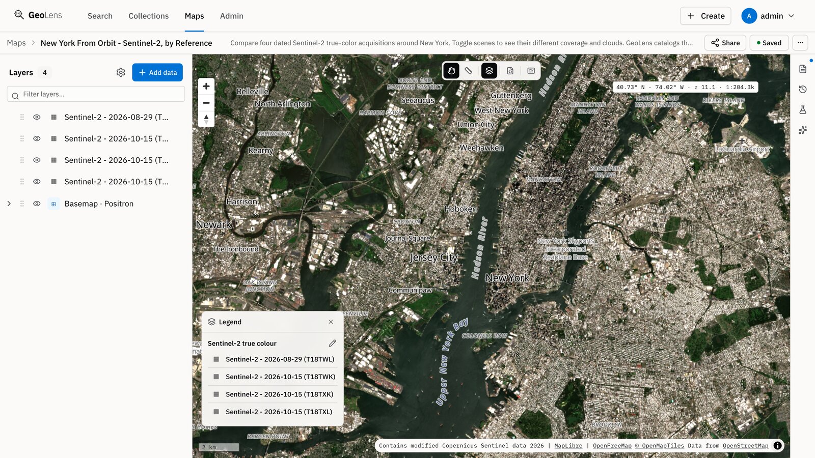The map builder showing four dated Sentinel-2 true-color scenes over New York City and northern New Jersey, referenced from the Earth Search STAC catalog, with the layer list and legend