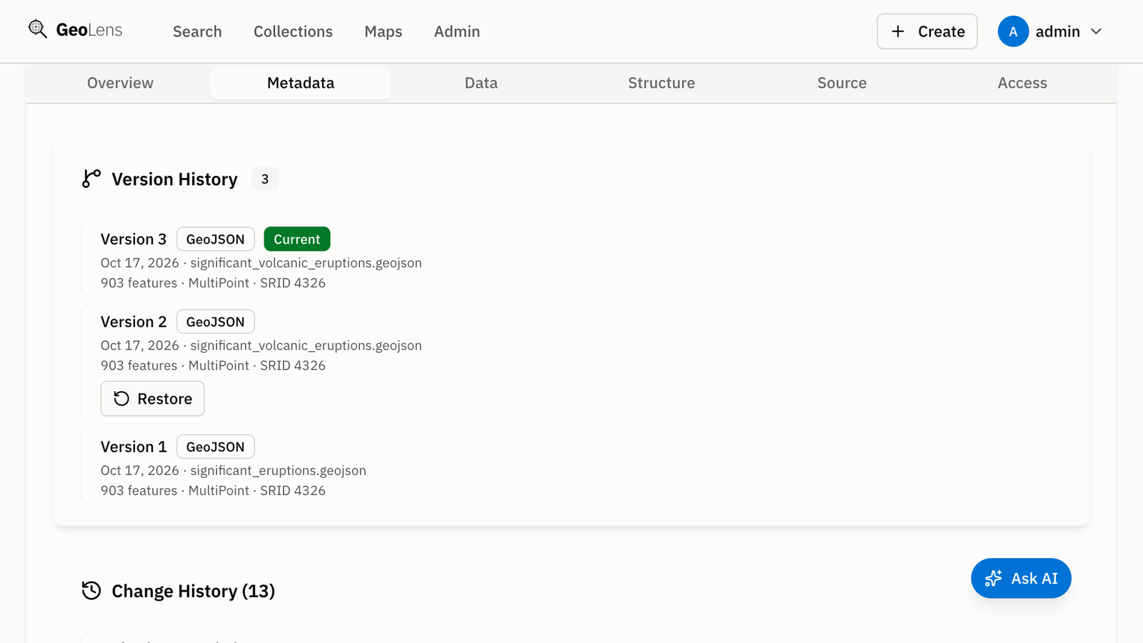 Version history of the Significant Volcanic Eruptions dataset: three GeoJSON versions with dates, file names and feature counts, the current one marked, and a Restore button on the previous version