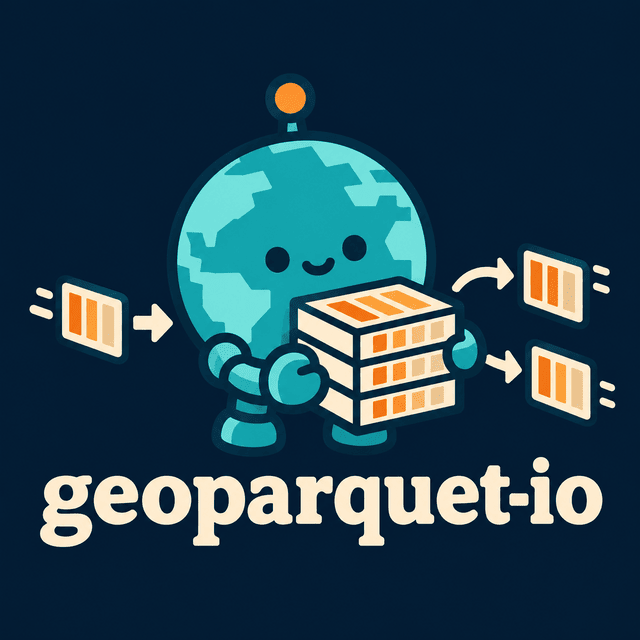 geoparquet-io logo: a globe robot carrying a stack of Parquet row groups