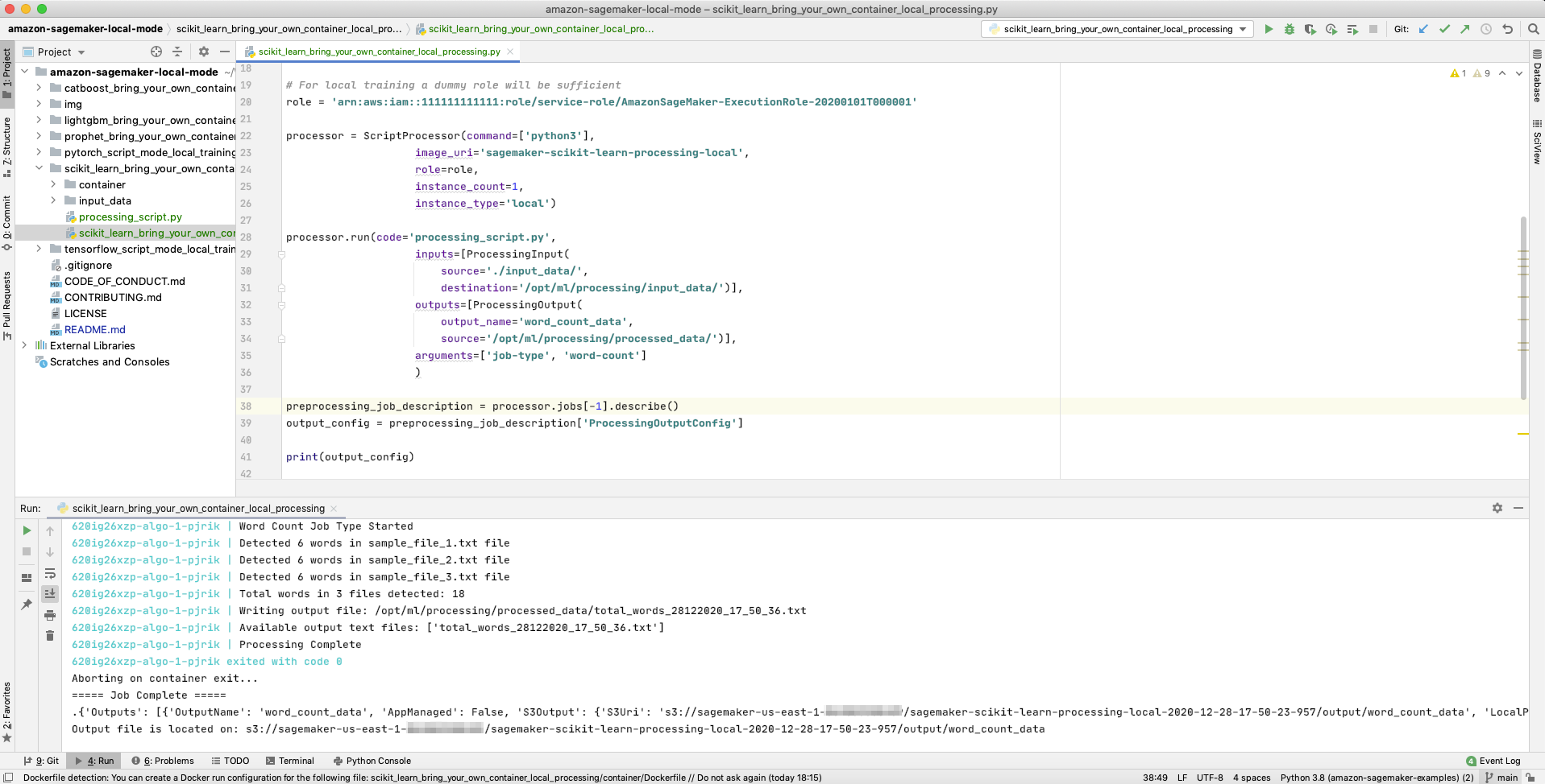 SageMaker local mode processing jobs in PyCharm