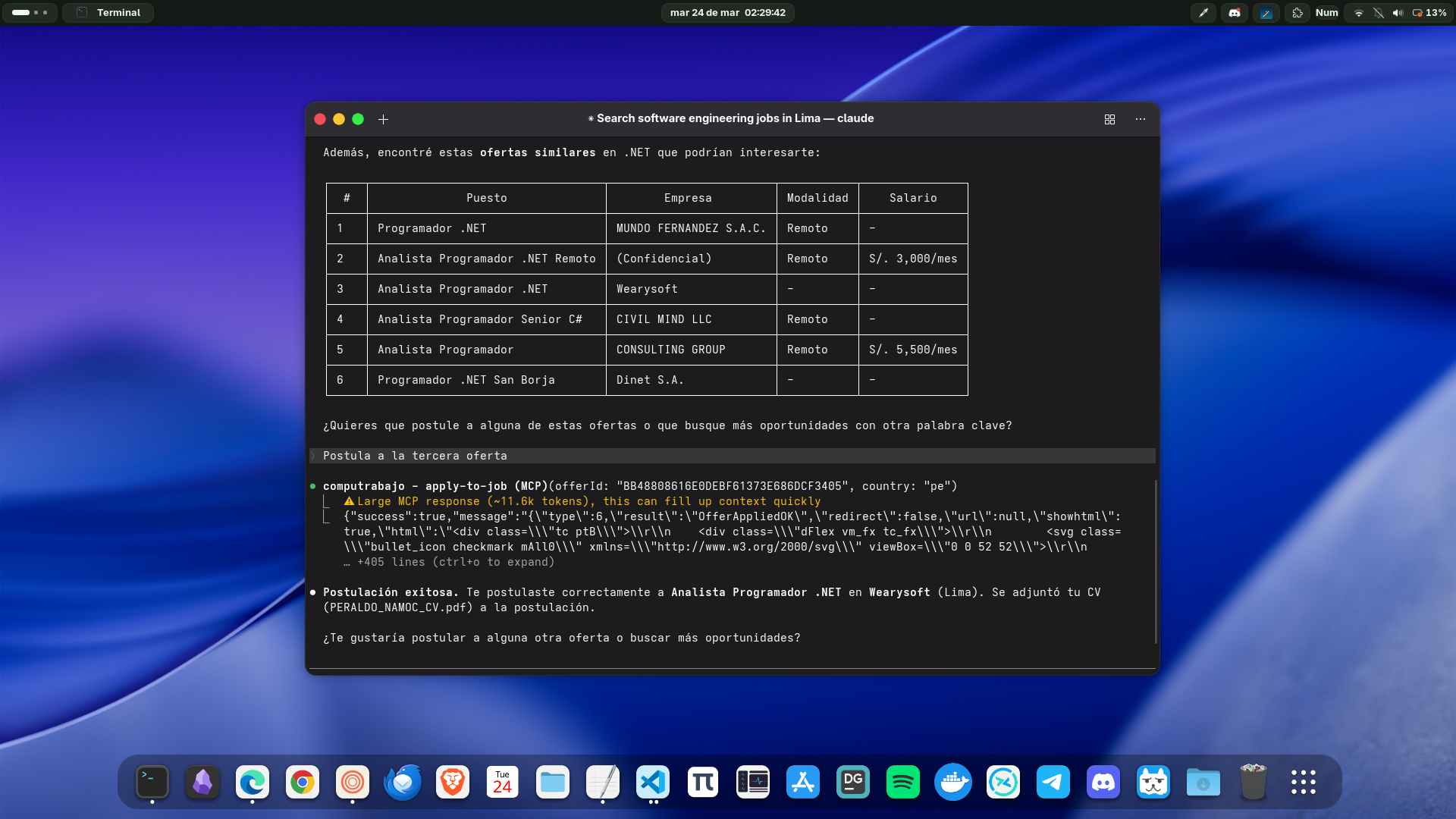 Postulación a una oferta laboral desde Claude Code
