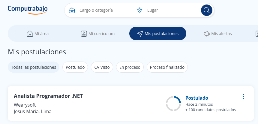 Confirmación de postulación en el sitio web de Computrabajo