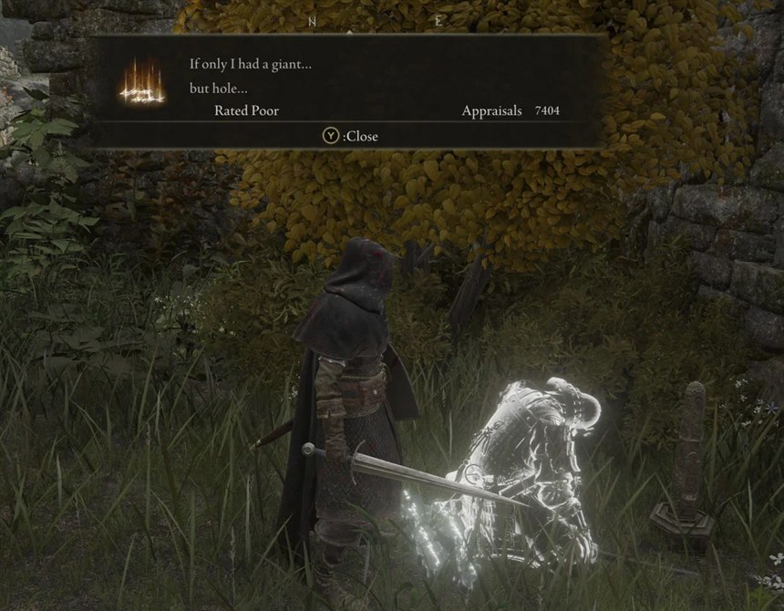 Elden Ring: a player's message reads "If only I had a giant... but hole...", rated Poor, with 7404 appraisals