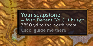 A world map pin's tooltip: Your soapstone, Mad Decent, 1 hr ago, 3850 yd to the north-west, click to guide me there