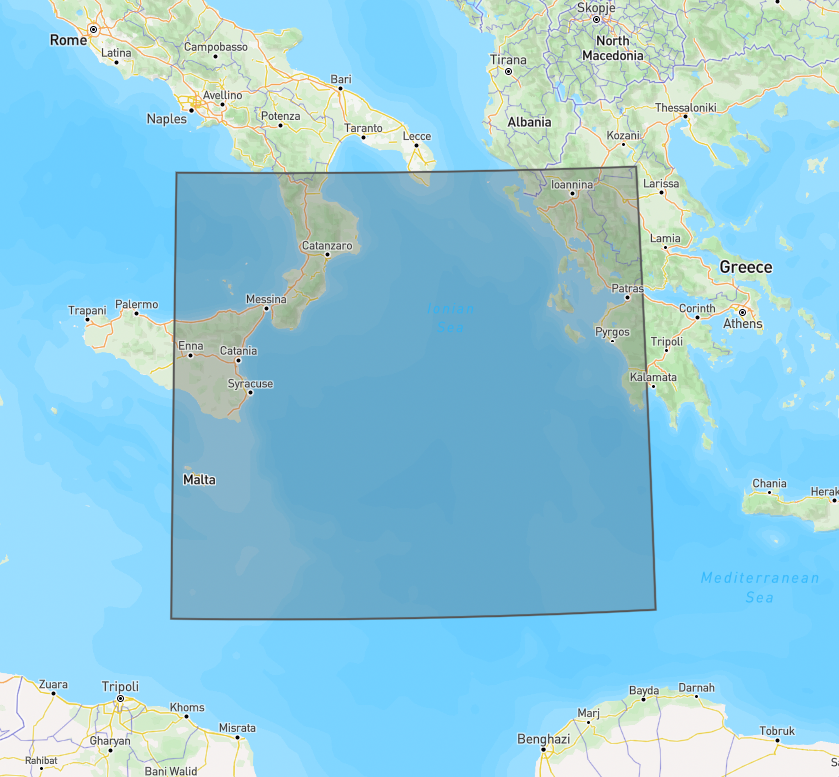 Figure 1: Area of interest over the Ionian Sea.