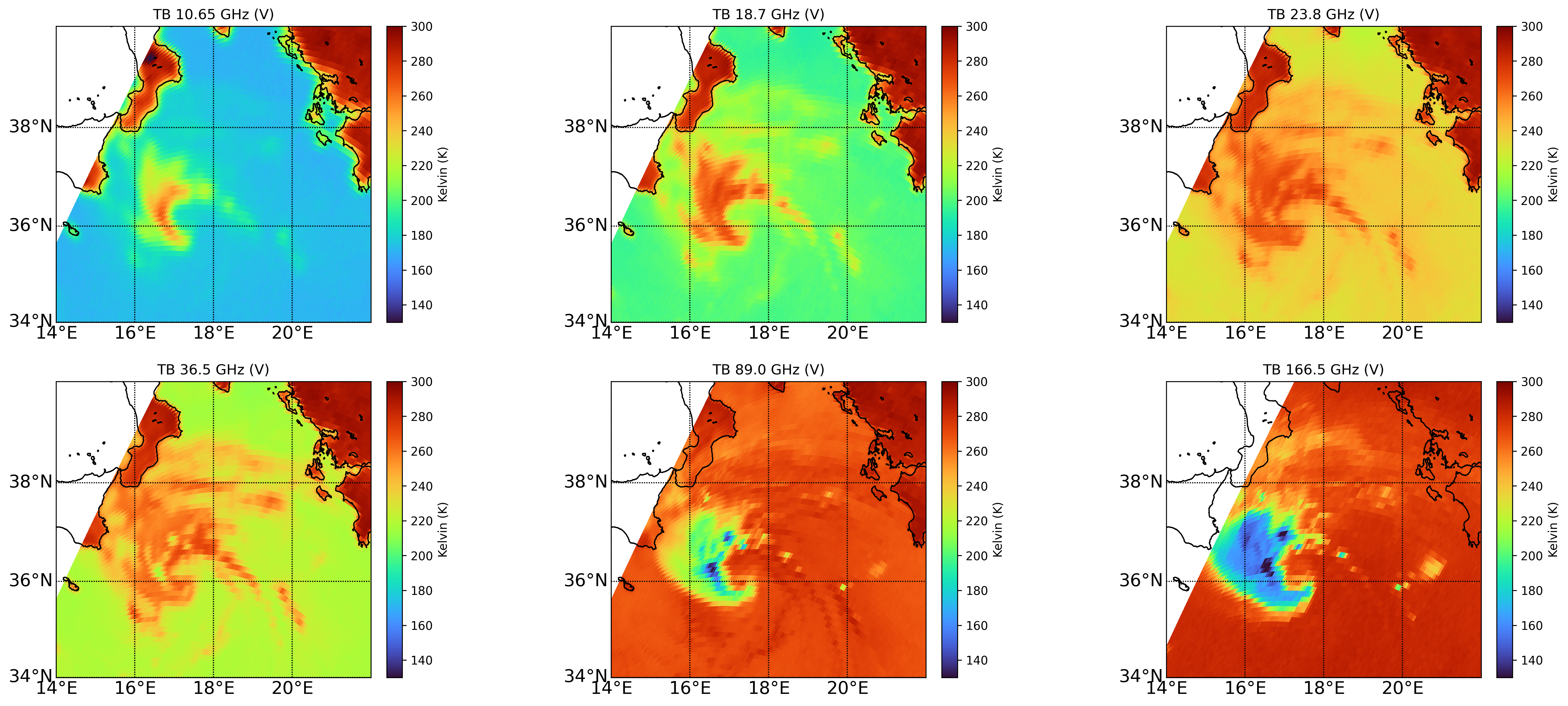 Figure 3: Vertically polarized GMI TB measurements over the Ionian Sea (September 16, 2020).