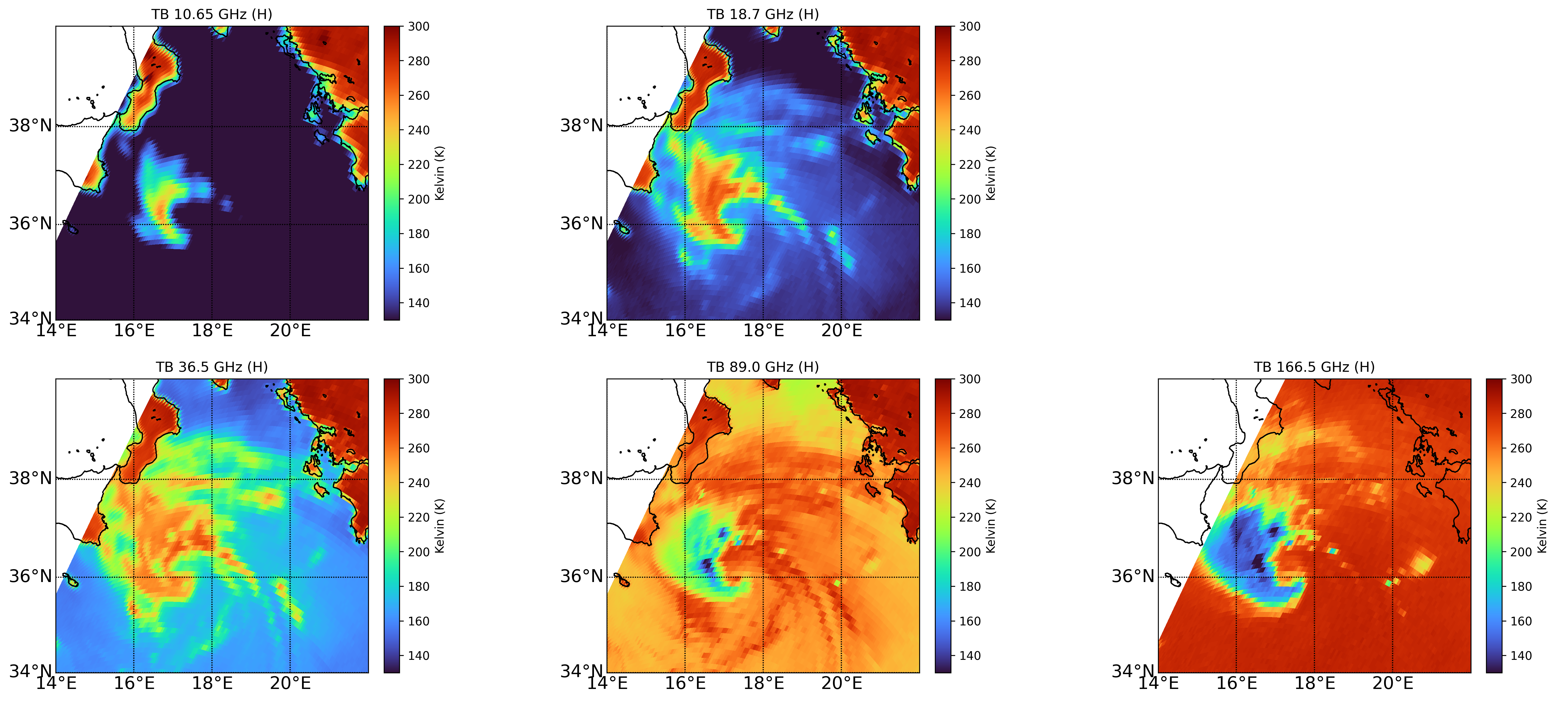 Figure 4: Horizontally polarized GMI TB measurements over the Ionian Sea (September 16, 2020).