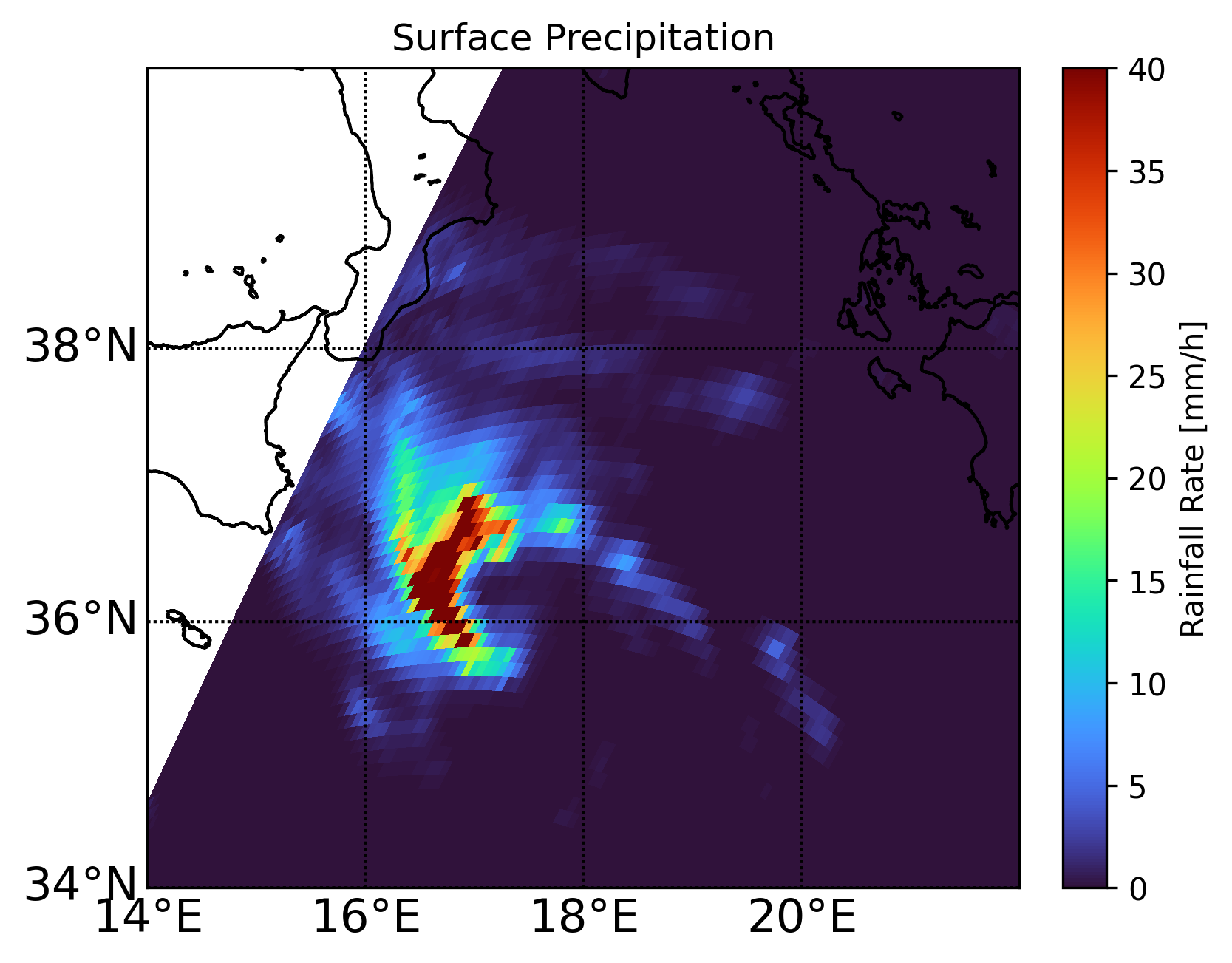 Figure 5: Surface precipitation (rainfall rate) over the Ionian Sea (September 16, 2020).