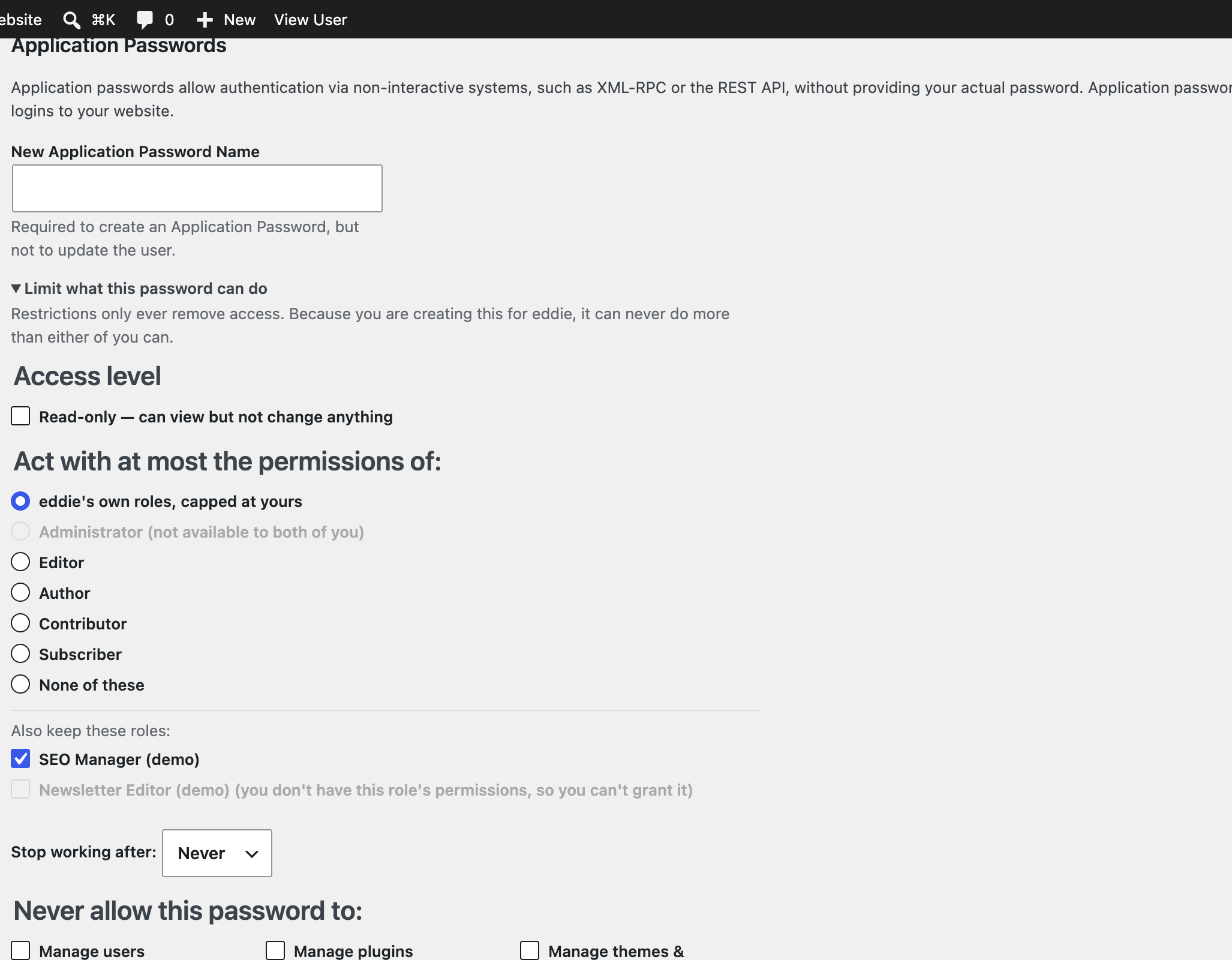 An administrator scoping an Editor's password: Administrator is greyed out, and a Newsletter Editor role the admin doesn't hold can't be granted