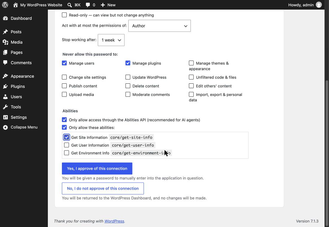 Abilities section of the scope form: abilities-only mode and an allowlist limited to core/get-site-info