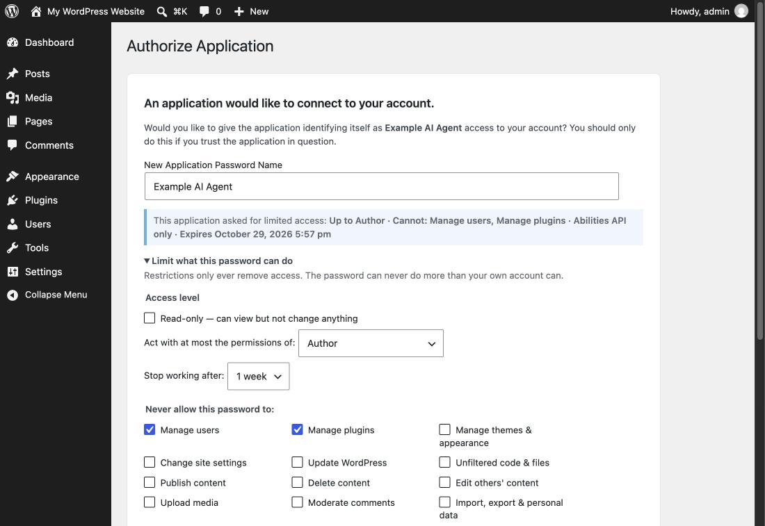 Authorize Application screen showing an app's requested scope pre-filled: Author ceiling, no user or plugin management, one-week expiry