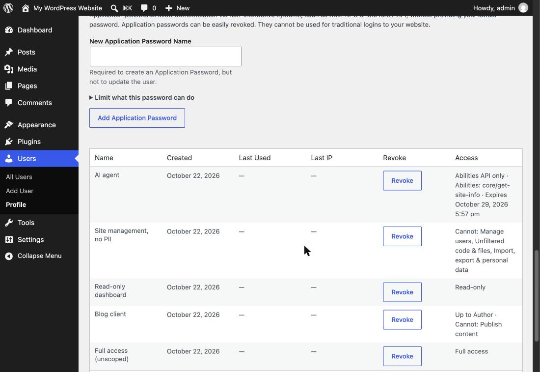 Application Passwords list table with an Access column summarizing each password's scope