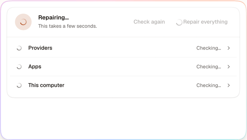 Repair everything: Conch fixes three things on its own and leaves one sign-in for you, with its button
