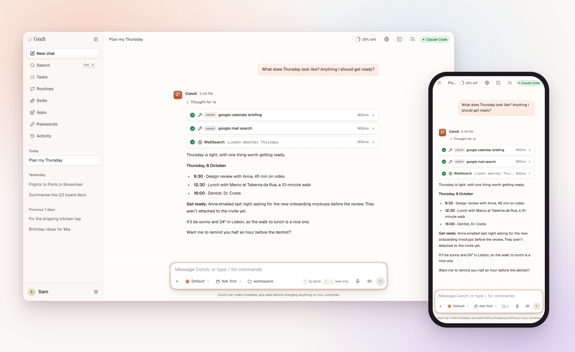 Conch on a computer and a phone: the assistant reads the calendar and mail, then lays out Thursday and what to get ready for it