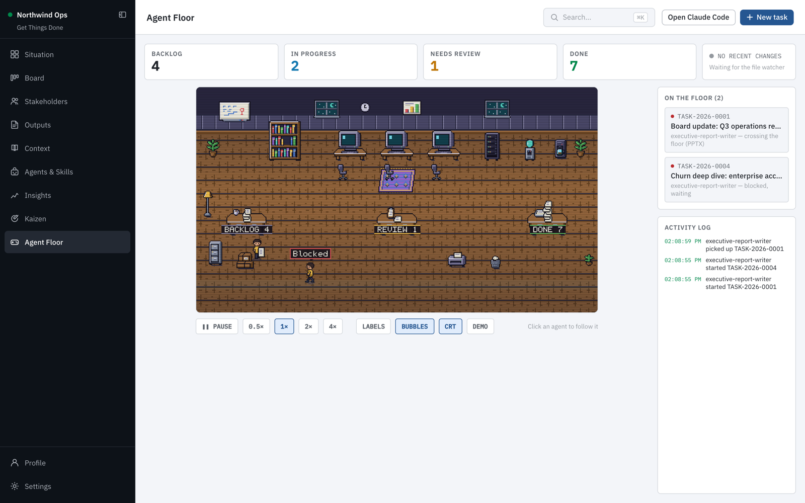Pixel-art Agent Floor showing agents moving between the backlog, review and done desks