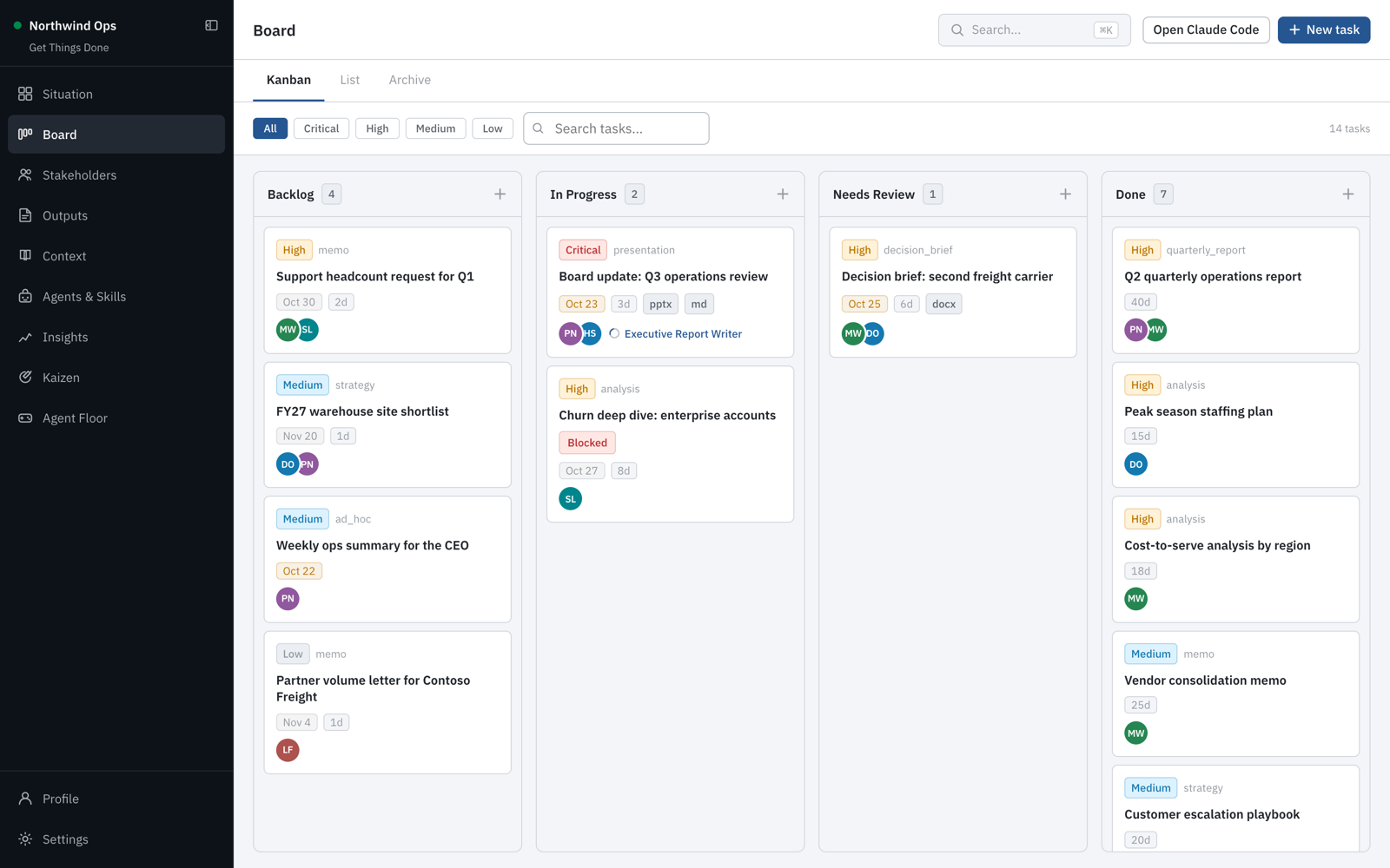 The Get Things Done kanban board with tasks in Backlog, In Progress, Needs Review and Done